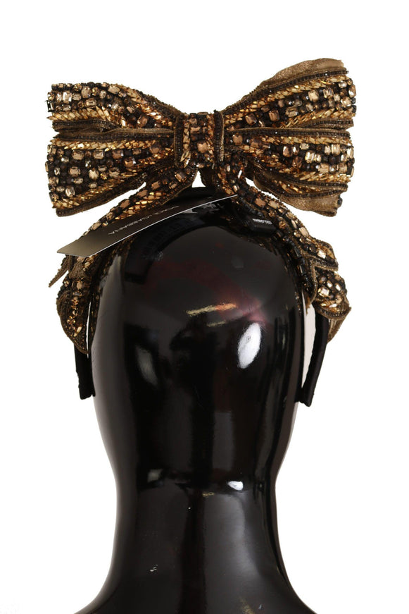 Dolce & Gabbana Gold Crystal Beaded Sequined Silk Bow Headband Diadem - Ellie Belle