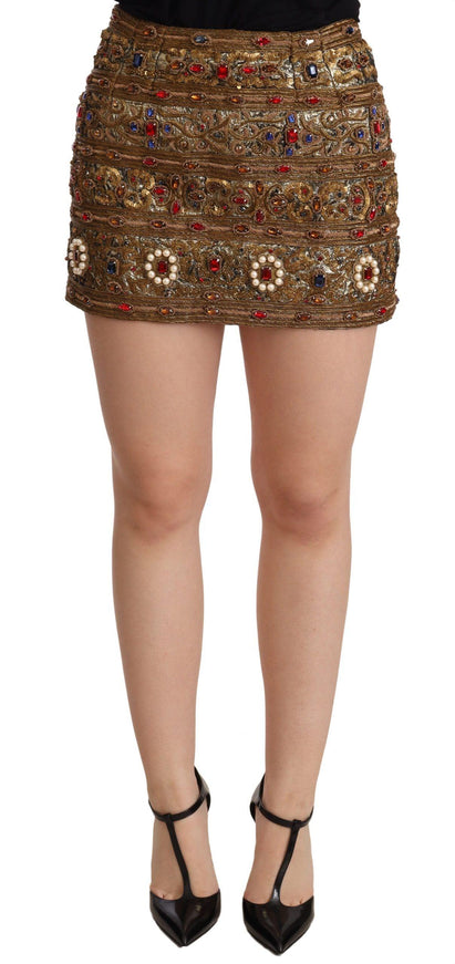 Dolce & Gabbana Gold Crystal Jacquard High Waist Skirt - Ellie Belle