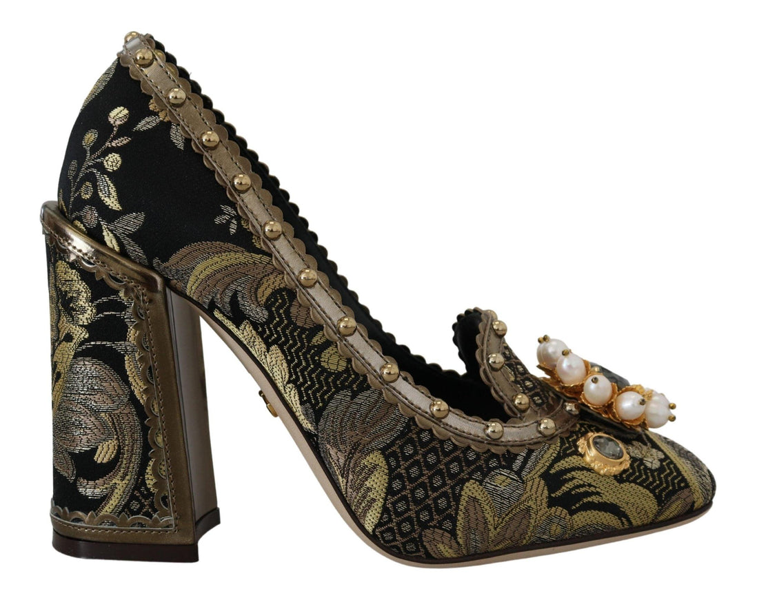 Dolce & Gabbana Gold Crystal Square Toe Brocade Pumps Shoes - Ellie Belle