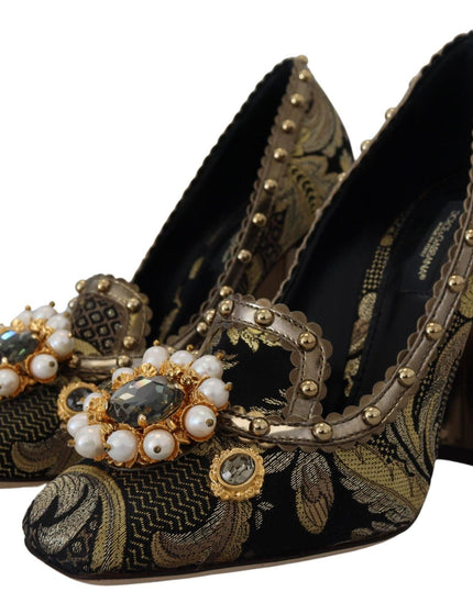 Dolce & Gabbana Gold Crystal Square Toe Brocade Pumps Shoes - Ellie Belle