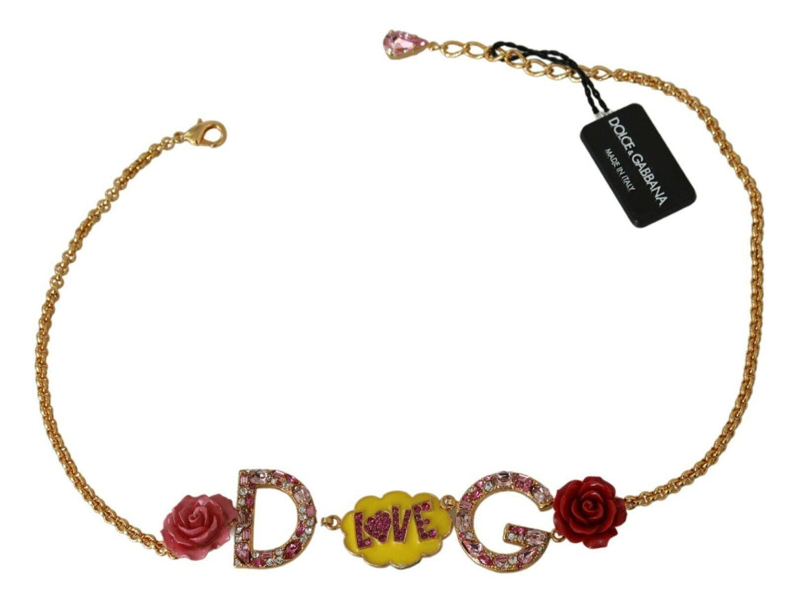 Dolce & Gabbana Gold DG Logo Rose Love Crystal Charm Necklace - Ellie Belle