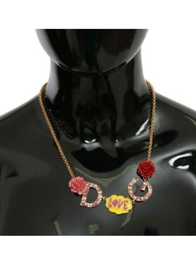 Dolce & Gabbana Gold DG Logo Rose Love Crystal Charm Necklace - Ellie Belle