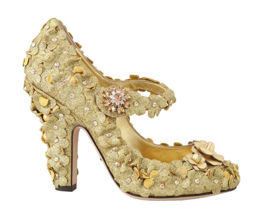 Dolce & Gabbana Gold Floral Crystal Mary Janes Pumps - Ellie Belle