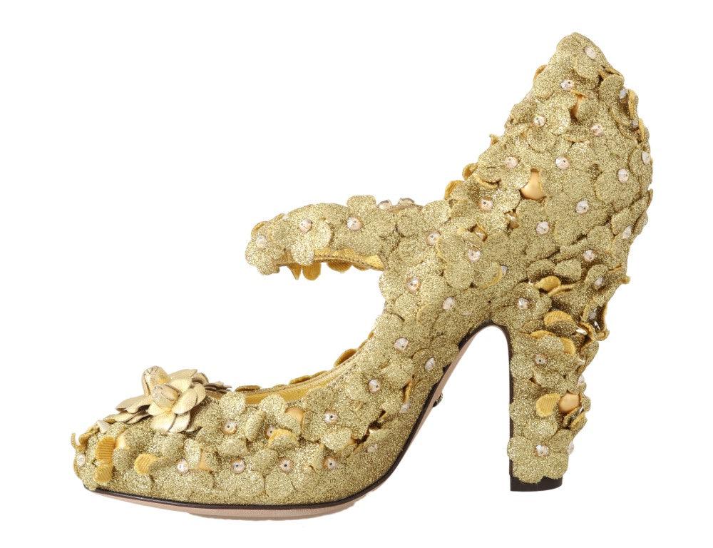 Dolce & Gabbana Gold Floral Crystal Mary Janes Pumps - Ellie Belle