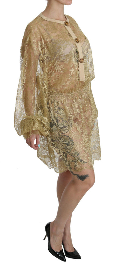 Dolce & Gabbana Gold Lace See Through A-Line Knee Length Dress