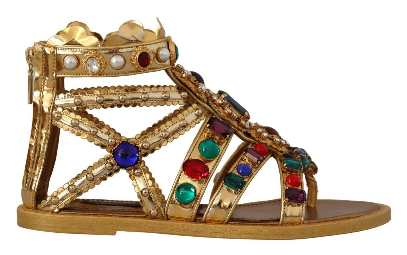 Dolce & Gabbana Gold Leather Crystal Gladiator Sandals Flats Shoes - Ellie Belle