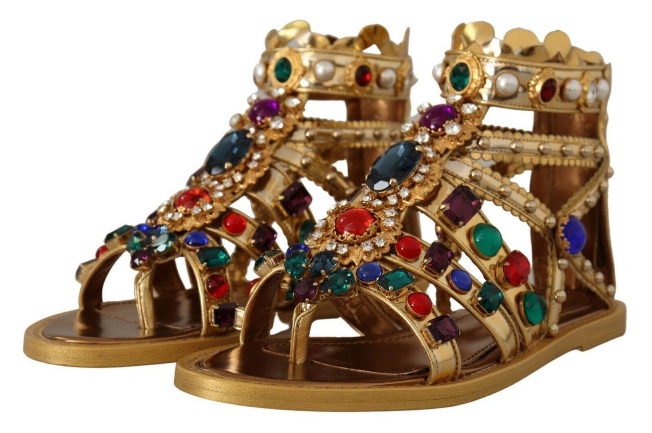 Dolce & Gabbana Gold Leather Crystal Gladiator Sandals Flats Shoes - Ellie Belle