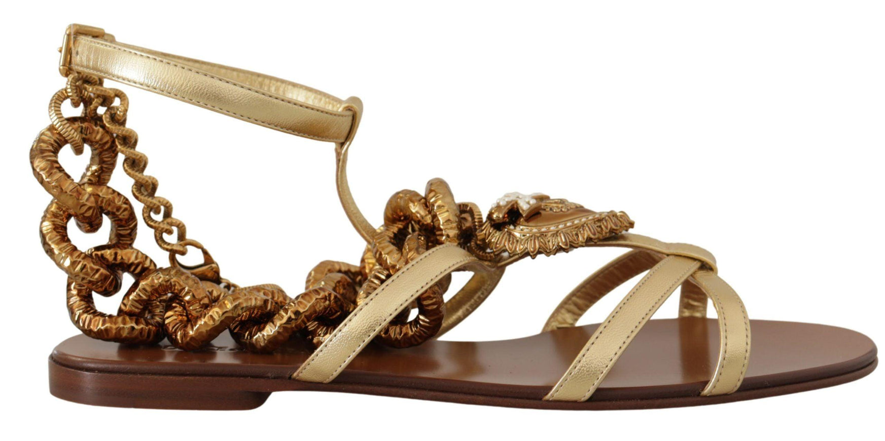 Dolce & Gabbana Gold Leather Devotion Flats Sandals - Ellie Belle