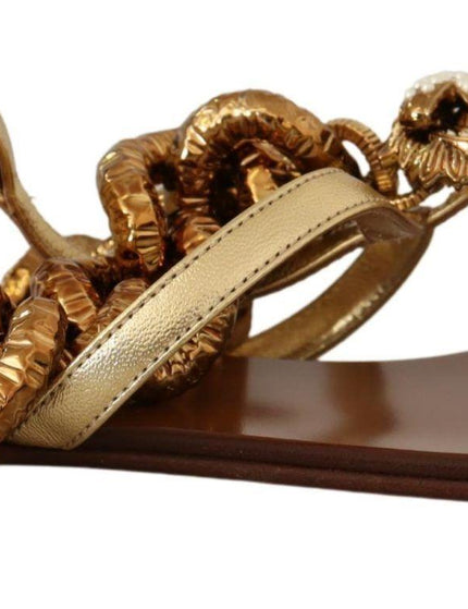 Dolce & Gabbana Gold Leather Devotion Flats Sandals - Ellie Belle