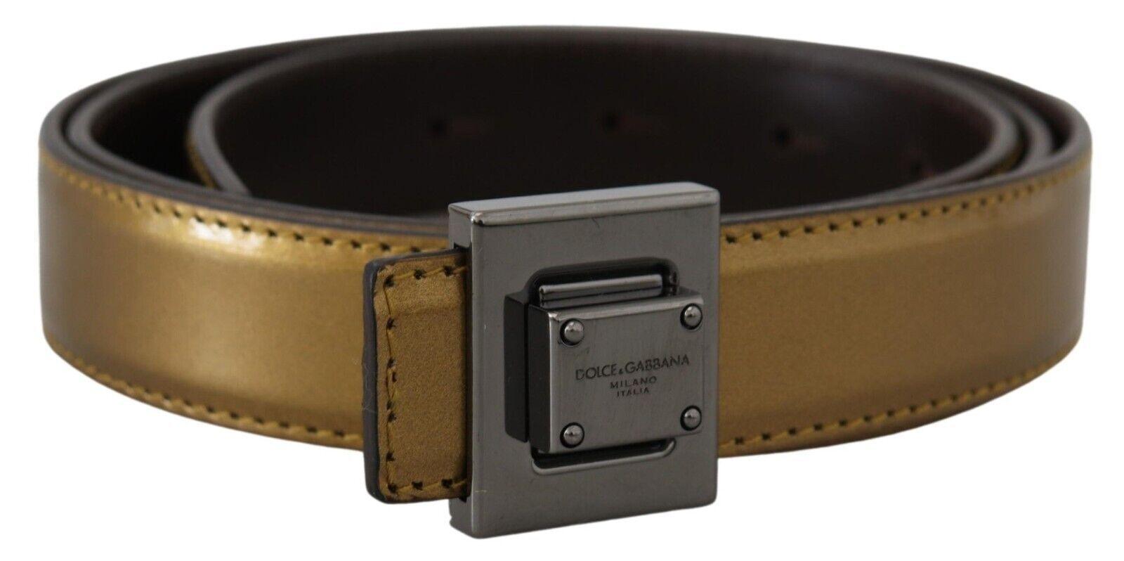 Dolce & Gabbana Gold Leather Silver Square Metal Buckle Belt - Ellie Belle