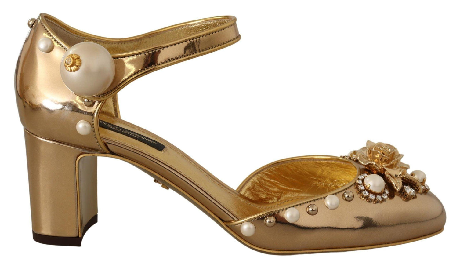 Dolce & Gabbana Gold Leather Studded Crystal Ankle Strap Shoes - Ellie Belle