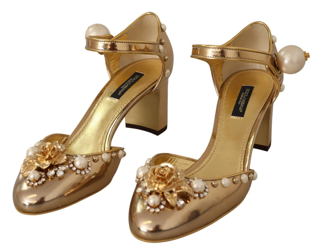 Dolce & Gabbana Gold Leather Studded Crystal Ankle Strap Shoes - Ellie Belle