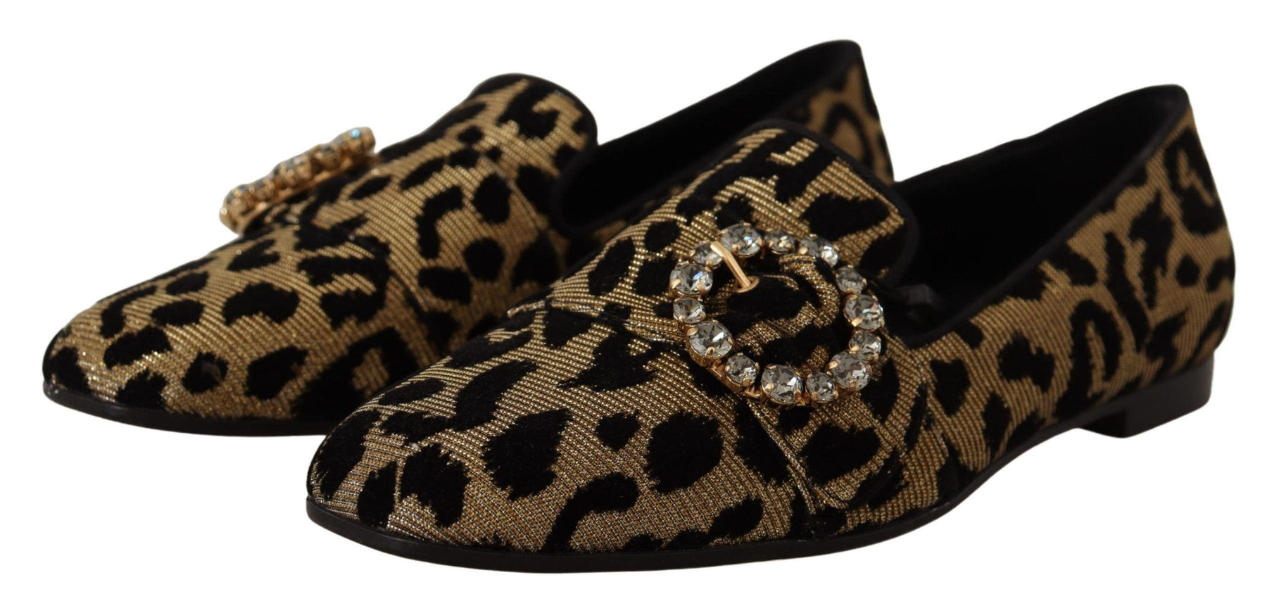 Dolce & Gabbana Gold Leopard Print Crystals Loafers Shoes - Ellie Belle