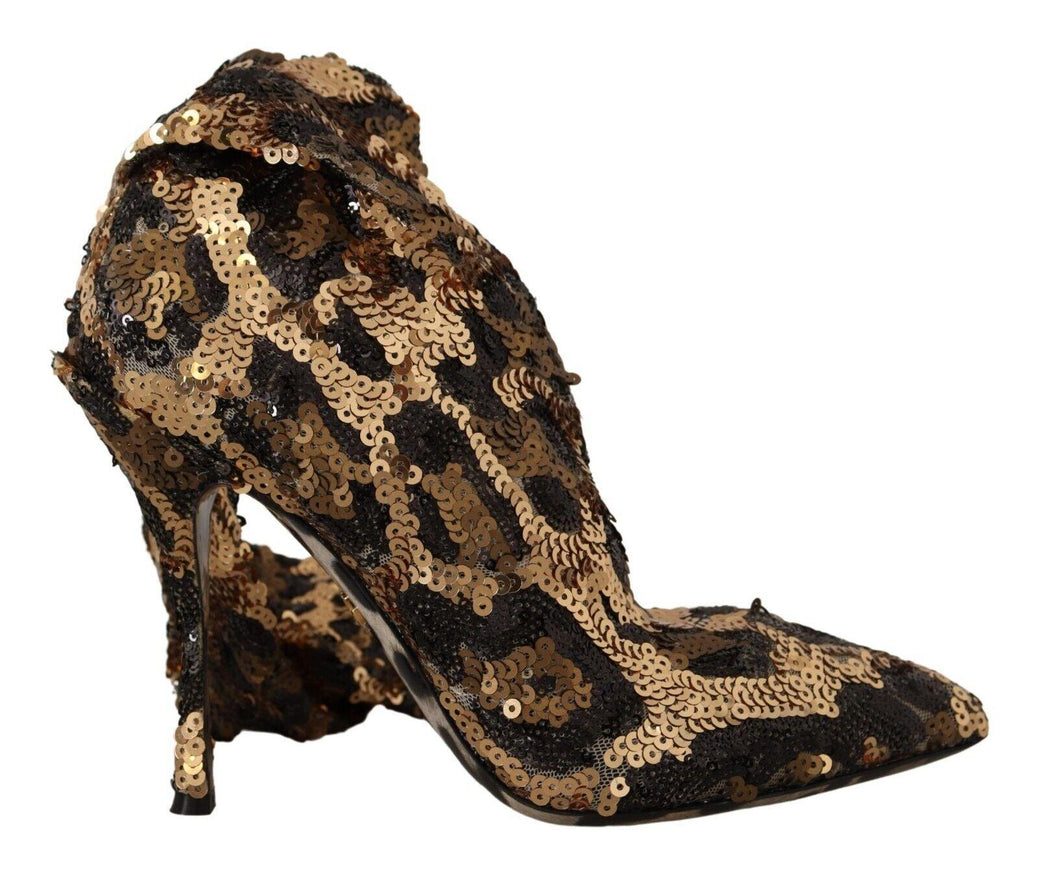 Dolce & Gabbana Gold Leopard Sequins Heels Boots Shoes - Ellie Belle