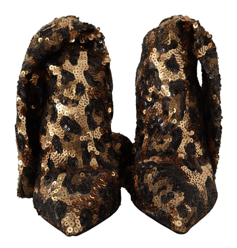 Dolce & Gabbana Gold Leopard Sequins Heels Boots Shoes - Ellie Belle