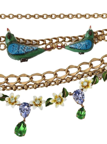 Dolce & Gabbana Gold Parrot Crystal Floral Charm Statement Necklace - Ellie Belle