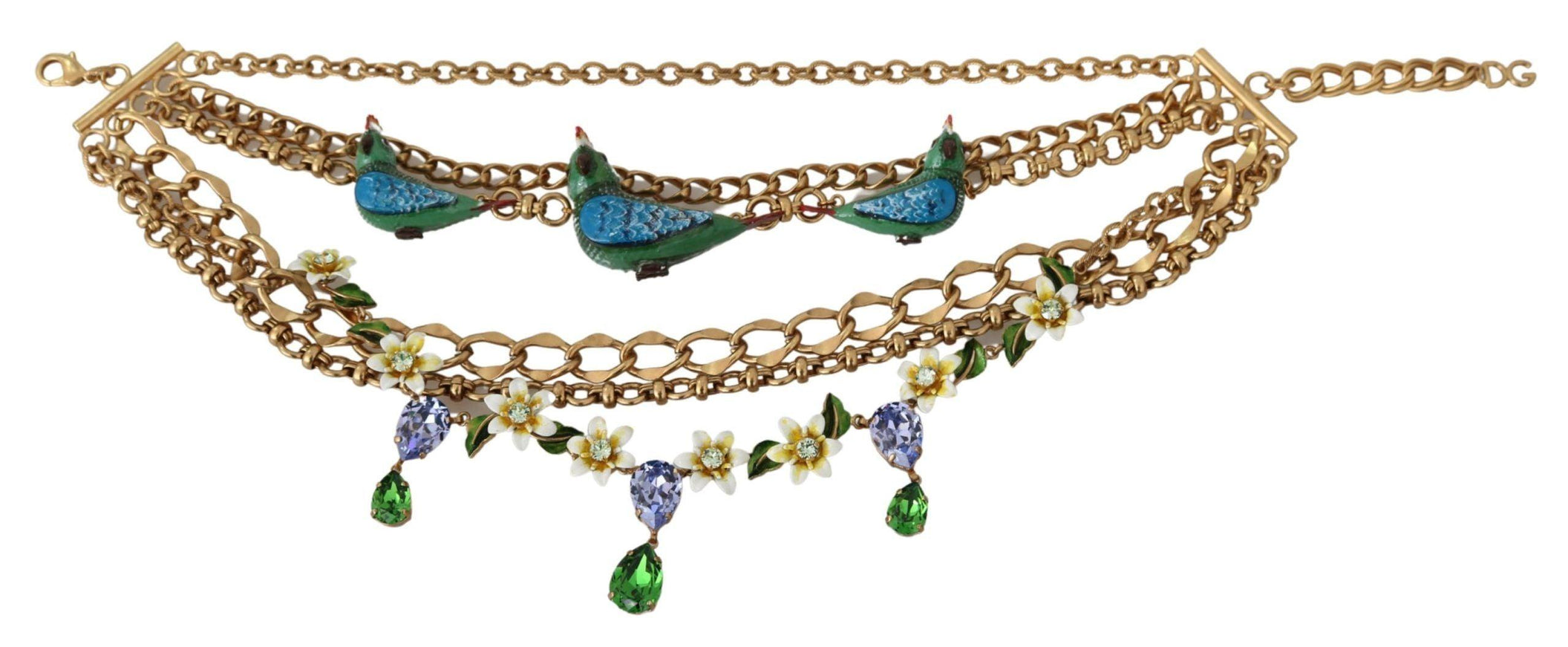 Dolce & Gabbana Gold Parrot Crystal Floral Charm Statement Necklace - Ellie Belle