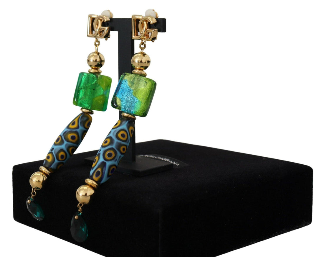 Dolce & Gabbana Gold Plated Brass Glass Design Dangling Earrings - Ellie Belle