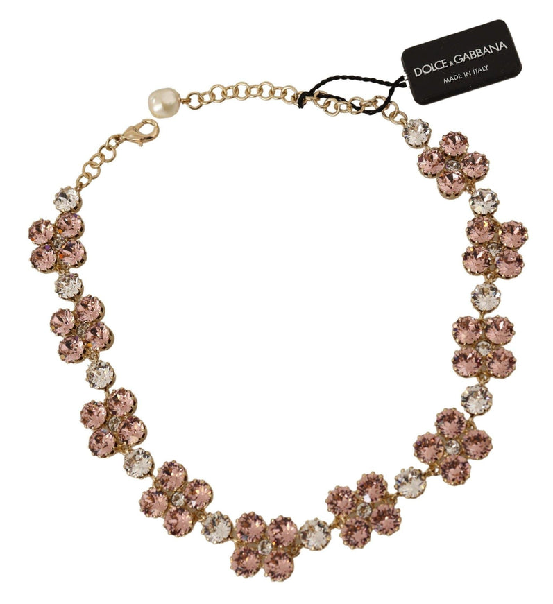 Dolce & Gabbana Gold Plated Brass Pink Clear Crystal Embellished Necklace - Ellie Belle