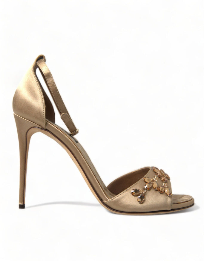 Dolce & Gabbana Gold Satin Ankle Strap Crystal Sandals Shoes - Ellie Belle