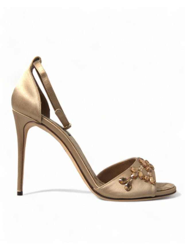 Dolce & Gabbana Gold Satin Ankle Strap Crystal Sandals Shoes - Ellie Belle
