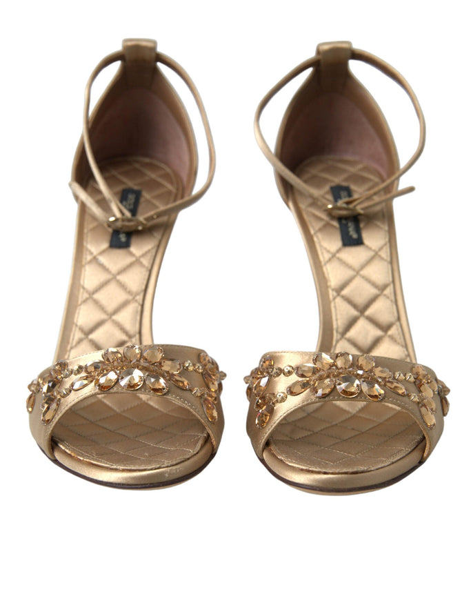 Dolce & Gabbana Gold Satin Ankle Strap Crystal Sandals Shoes - Ellie Belle