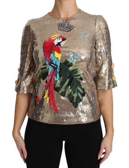 Dolce & Gabbana Gold Sequined Parrot Crystal Blouse - Ellie Belle