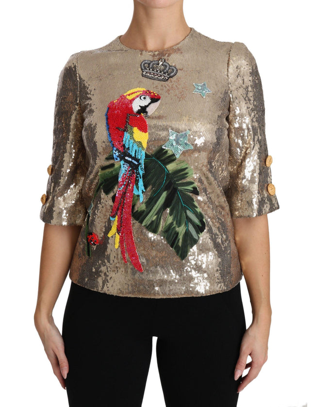 Dolce & Gabbana Gold Sequined Parrot Crystal Blouse - Ellie Belle