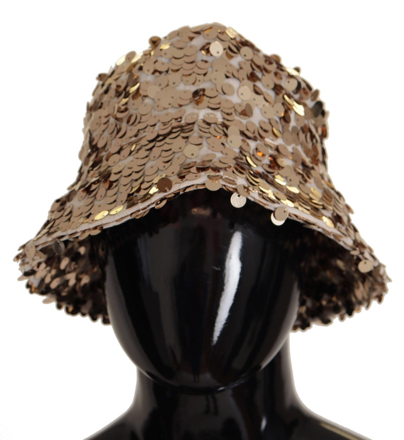 Dolce & Gabbana Gold Silk Sequin Embellished Designer Brim Bucket Hat - Ellie Belle