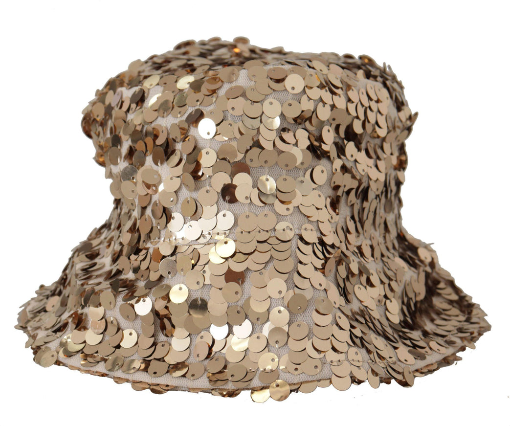 Dolce & Gabbana Gold Silk Sequin Embellished Designer Brim Bucket Hat - Ellie Belle