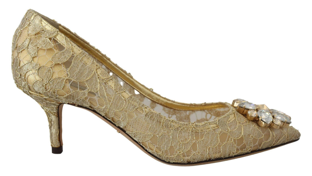 Dolce & Gabbana Gold Taormina Lace Crystal Heels Pumps Shoes - Ellie Belle