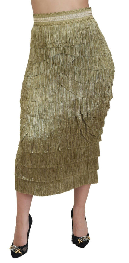 Dolce & Gabbana Gold Tiered Metallic Fringed Midi Silk Skirt - Ellie Belle