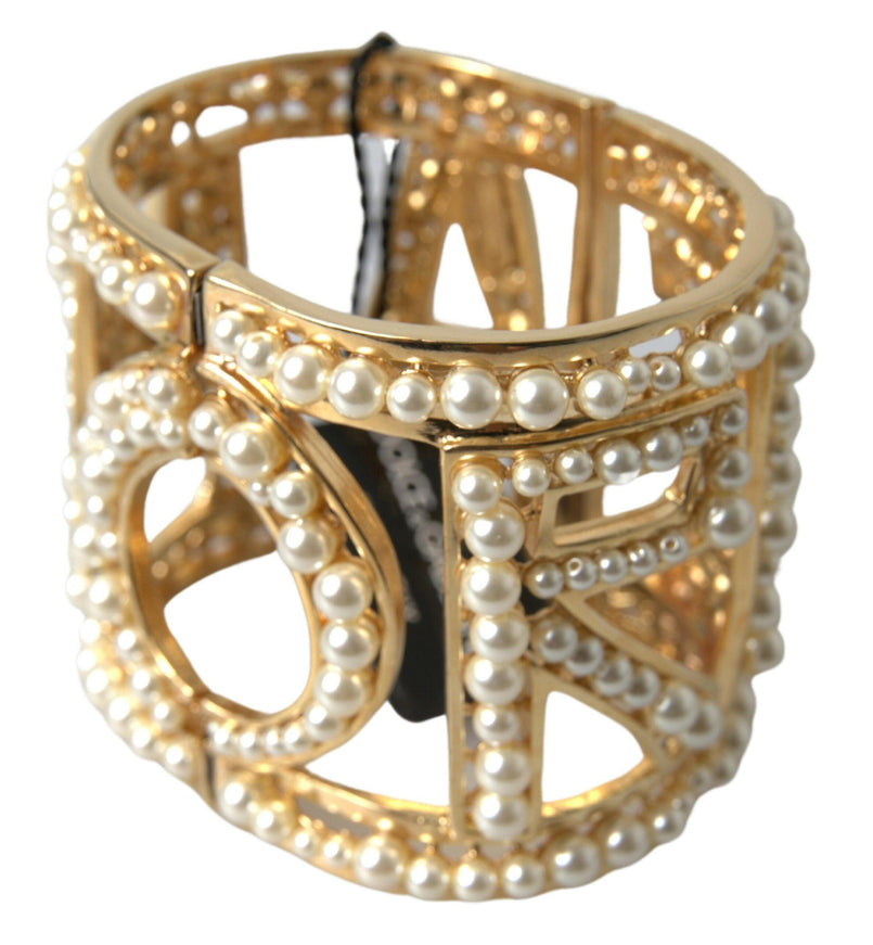 Dolce & Gabbana Gold Tone AMORE Faux Pearl Embellished Wide Cuff Bracelet - Ellie Belle