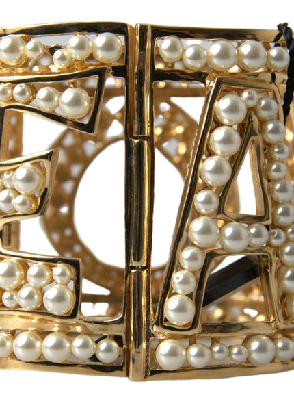 Dolce & Gabbana Gold Tone AMORE Faux Pearl Embellished Wide Cuff Bracelet - Ellie Belle