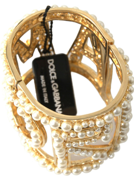Dolce & Gabbana Gold Tone AMORE Faux Pearl Embellished Wide Cuff Bracelet - Ellie Belle
