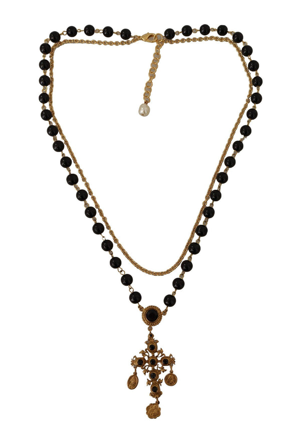 Dolce & Gabbana Gold Tone Brass Cross Chain Black Crystal Beaded Necklace - Ellie Belle