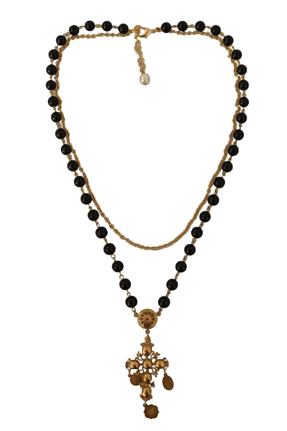 Dolce & Gabbana Gold Tone Brass Cross Chain Black Crystal Beaded Necklace - Ellie Belle