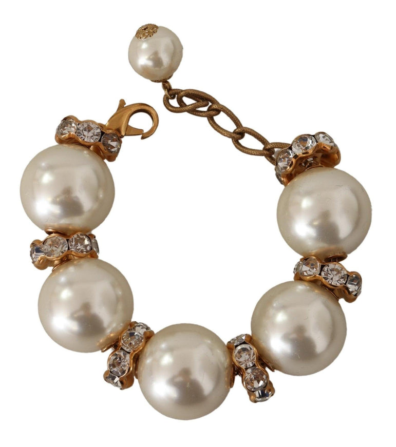 Dolce & Gabbana Gold Tone Brass Crystal Maxi Pearl Embellished Bracelet - Ellie Belle