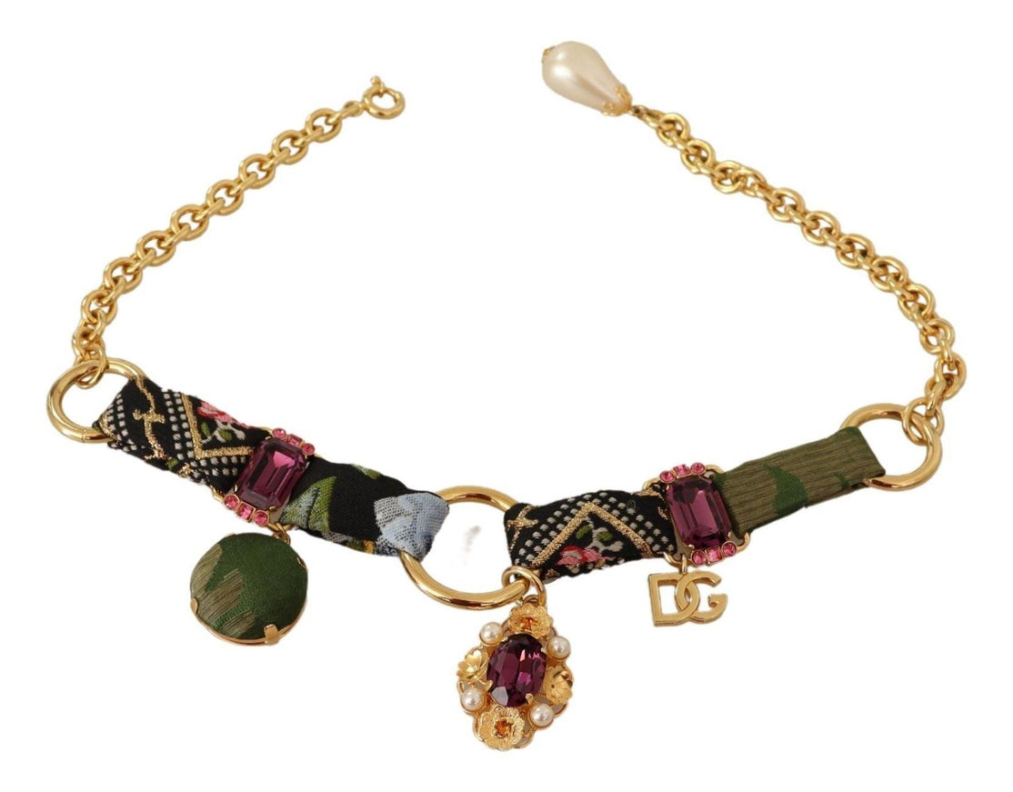 Dolce & Gabbana Gold Tone Brass Fabric Crystals Women Jewelry Necklace - Ellie Belle