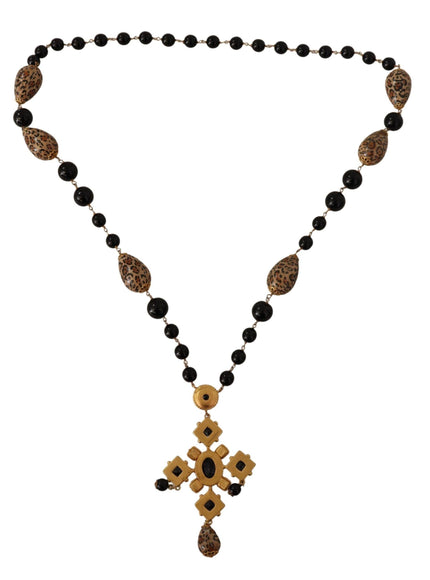 Dolce & Gabbana Gold Tone Brass Leopard Cross Chain Black Crystal Necklace - Ellie Belle