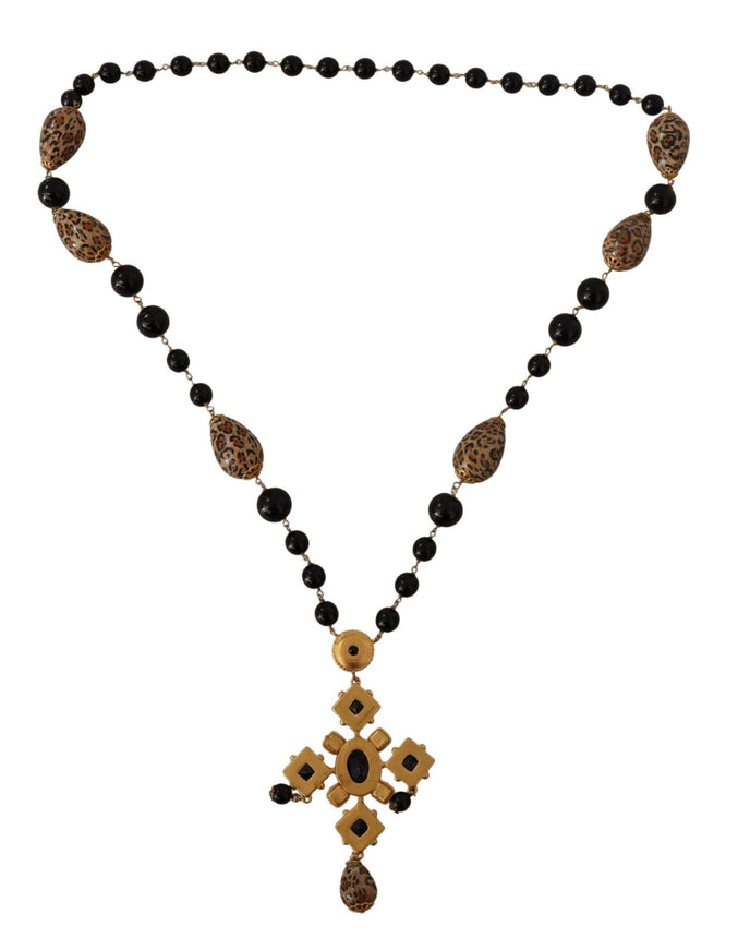 Dolce & Gabbana Gold Tone Brass Leopard Cross Chain Black Crystal Necklace - Ellie Belle