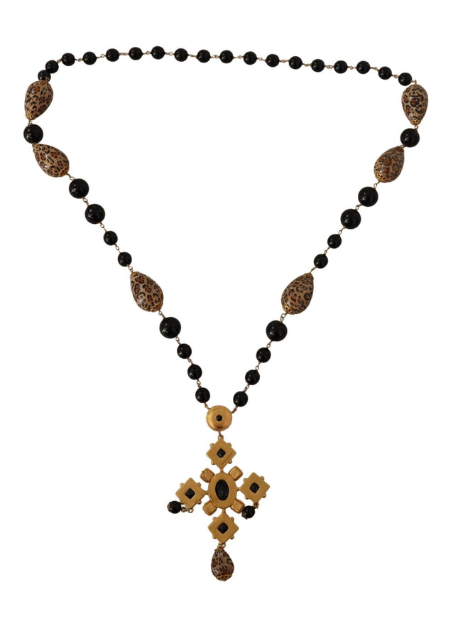Dolce & Gabbana Gold Tone Brass Leopard Cross Chain Black Crystal Necklace - Ellie Belle