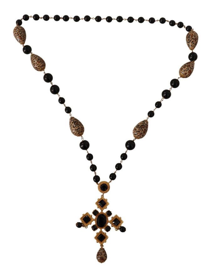 Dolce & Gabbana Gold Tone Brass Leopard Cross Chain Black Crystal Necklace - Ellie Belle