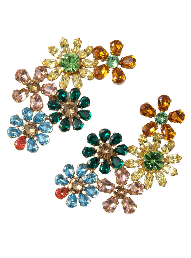 Dolce & Gabbana Gold Tone Brass Multicolor Floral Crystal Clip Earrings - Ellie Belle