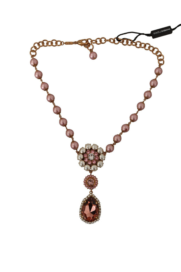 Dolce & Gabbana Gold Tone Brass Pink Beaded Pearls Crystal Pendant Necklace - Ellie Belle