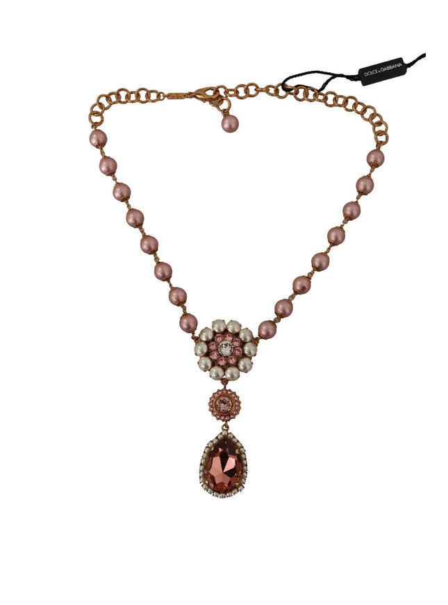 Dolce & Gabbana Gold Tone Brass Pink Beaded Pearls Crystal Pendant Necklace - Ellie Belle