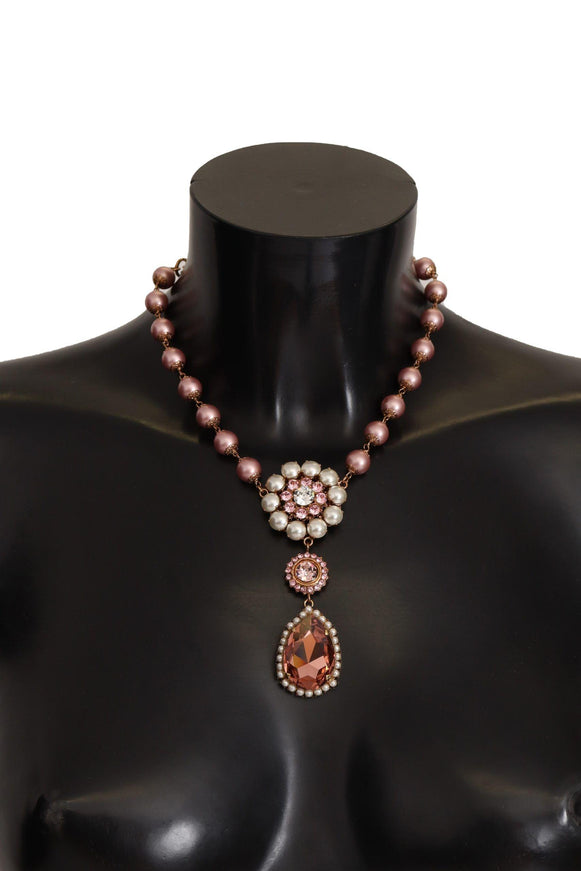 Dolce & Gabbana Gold Tone Brass Pink Beaded Pearls Crystal Pendant Necklace - Ellie Belle