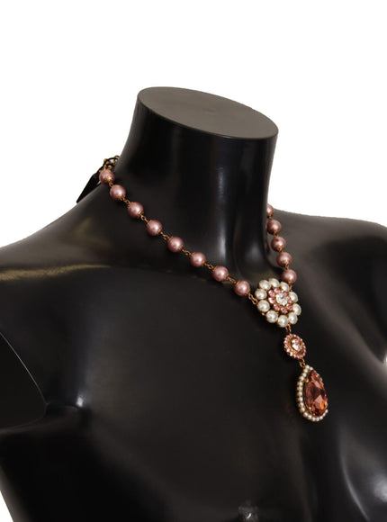 Dolce & Gabbana Gold Tone Brass Pink Beaded Pearls Crystal Pendant Necklace - Ellie Belle
