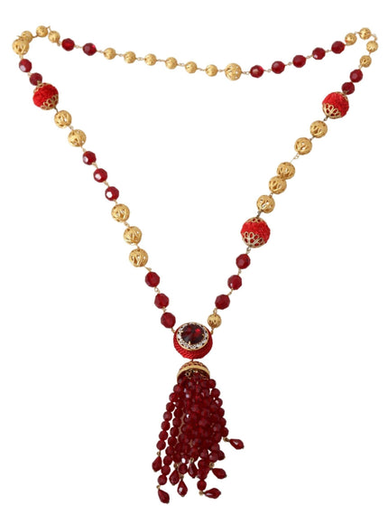 Dolce & Gabbana Gold Tone Brass Red Crystals Pendant Opera Chain Necklace - Ellie Belle
