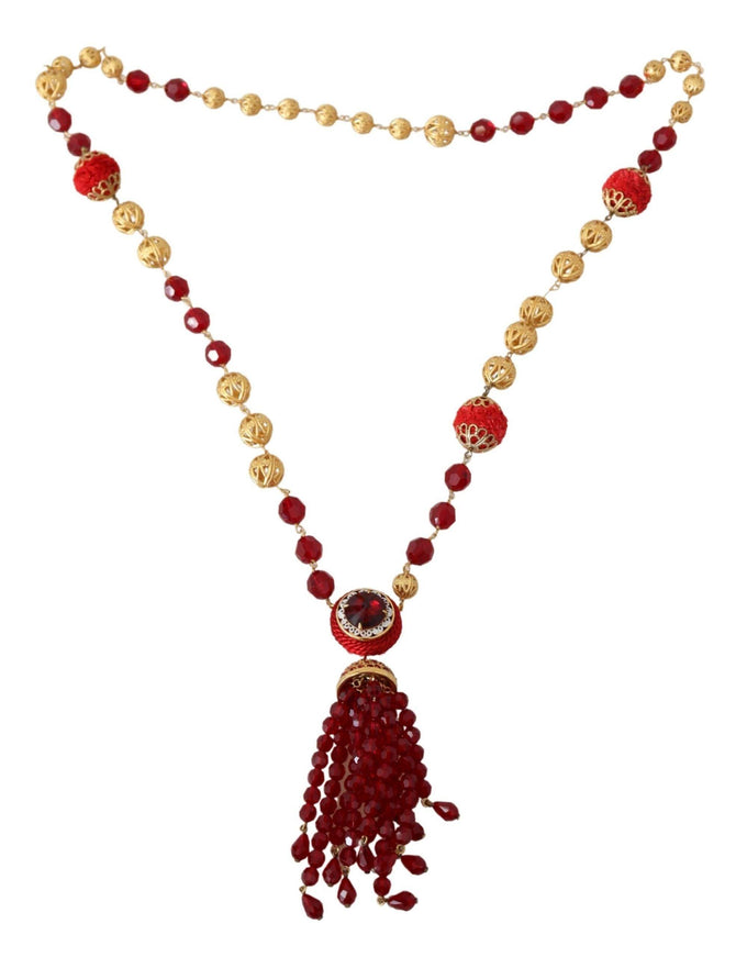 Dolce & Gabbana Gold Tone Brass Red Crystals Pendant Opera Chain Necklace - Ellie Belle